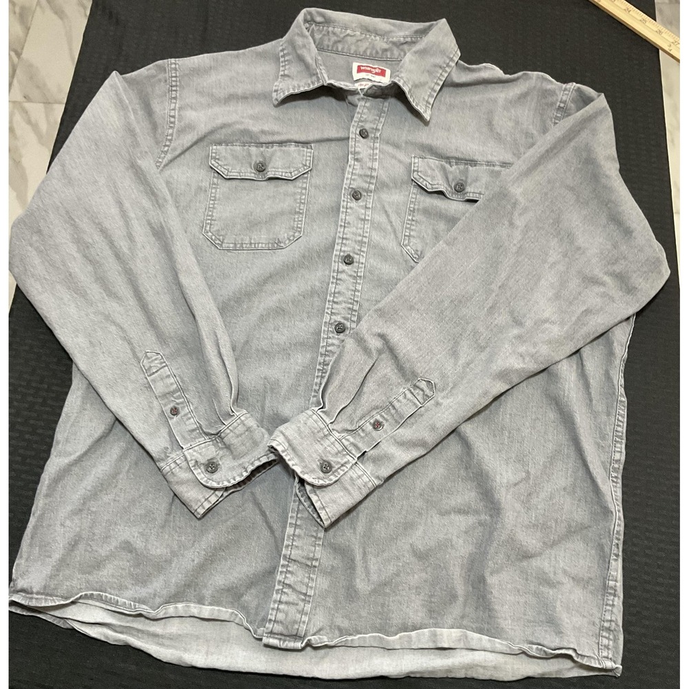 Wrangler Shirt Mens XL Gray Denim Long Sleeve Button Up Pockets Flex Comfort